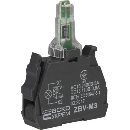 Фото a0140010219-zbv-m4--blok-dlia-pidsvich-zelen-220v-dlia-knopok-tb5_2 товара Блок підсвітки АСКО-УКРЕМ ZBV-M3 для кнопок TB5 AC/AC220 зелений