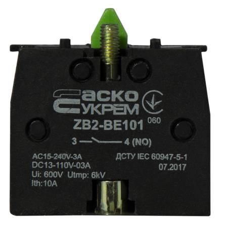 Фото a0140010025_zb2-be101-knopok-front товара Блок-контакт N/O ZB2-BE101 зеленый (ДЛЯ-КНОПОК)