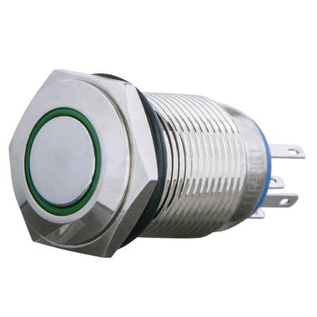 Кнопка металическая плоская с фиксацией и подсветкой TYJ16-361 1NO+1NC зеленая