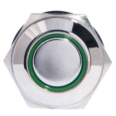 Кнопка металическая плоская с фиксацией и подсветкой TYJ16-361 1NO+1NC зеленая