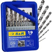 Набір свердел 19шт 1.0-10.00мм, HSS,  по металу твердістю до 250Bhn в металевому кейсі S&R 107809190