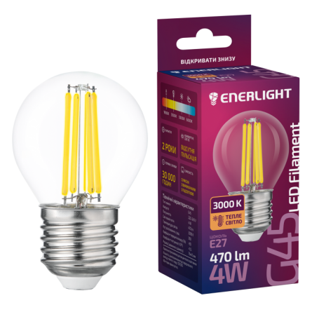 Лампа 4W Е27 3000К  ENERLIGHT G45 Filament світлод. куля