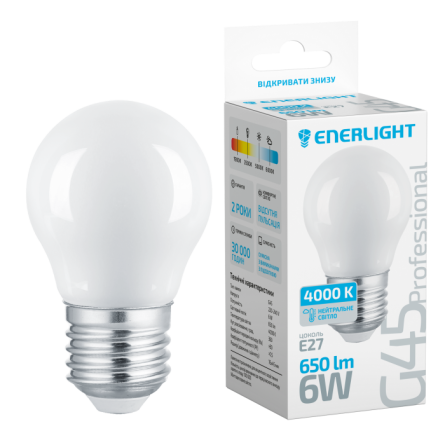 Лампа 6W Е27 4000К  ENERLIGHT G45 Professional світлод. куля