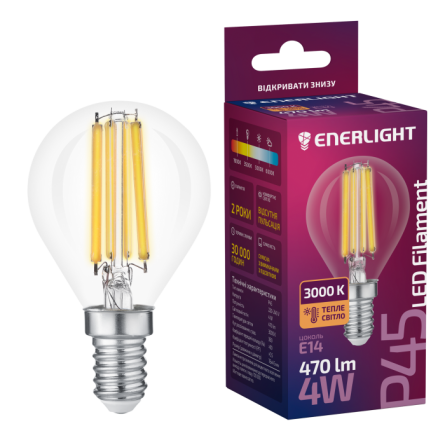 Лампа 4W Е14 3000К  ENERLIGHT P45 Filament світлод. куля