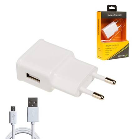 Фото ch-765umw товара Зарядное устройство Grand-X 1*USB 1A, белое, +кабель USB - Micro USB, Сu, 2.1А, 1м. (CH-765UMW)