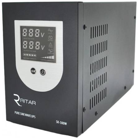 Інвертор з правильною синусоїдою Ritar SK-800VA (500W) DC:145-275V LED-диспелей, 2Schuko socket, 12V під зовнішню батарею, струм заряду 10А