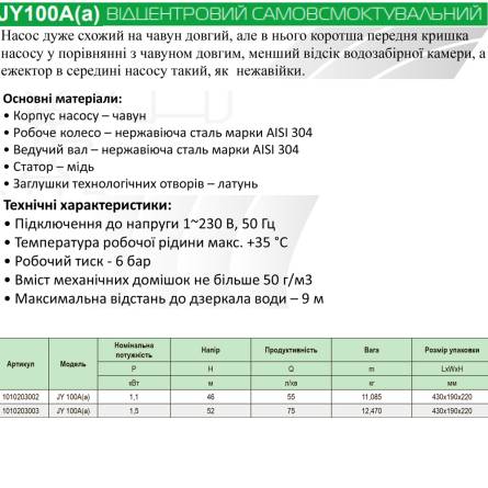Насос самовсмоктувальний відцентровий, чавун короткий, АРС JY-100Aа, 1.1кВт